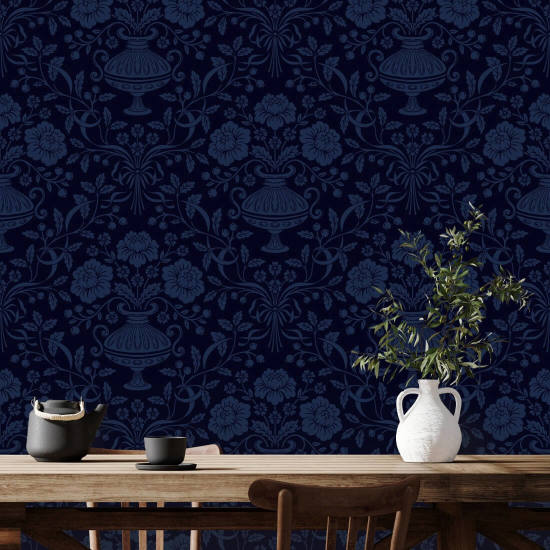 Ribbon Damask Midnight Blue Ribbon Wallpaper