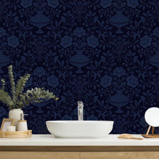 Ribbon Damask Midnight Blue Ribbon Wallpaper