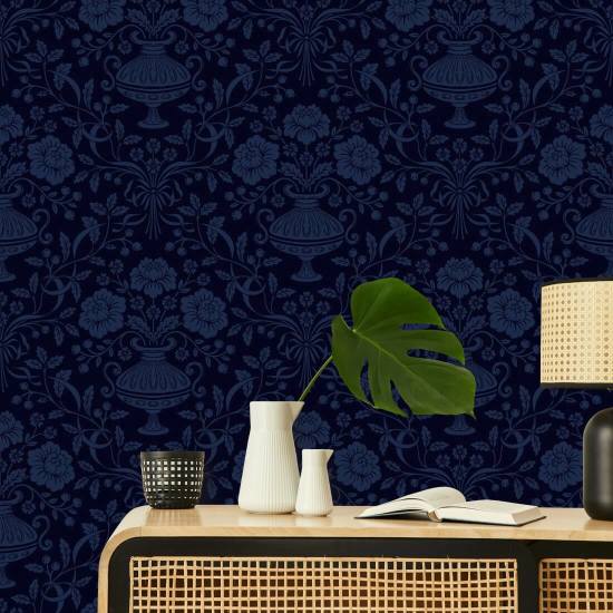 Ribbon Damask Mitternachtsblau Farbband-Tapete