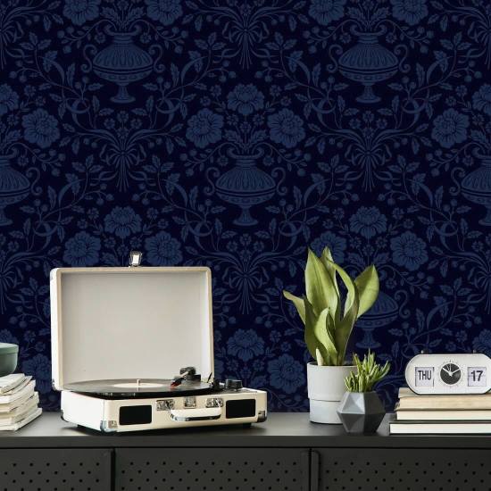 Ribbon Damask Midnight Blue Ribbon Wallpaper