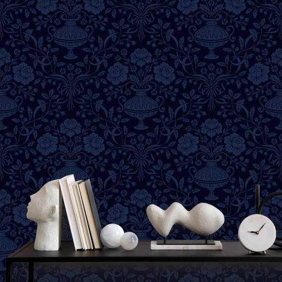 Ribbon Damask Midnight Blue Ribbon Wallpaper