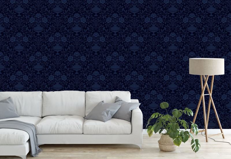 Ribbon Damask Midnight Blue Ribbon Wallpaper