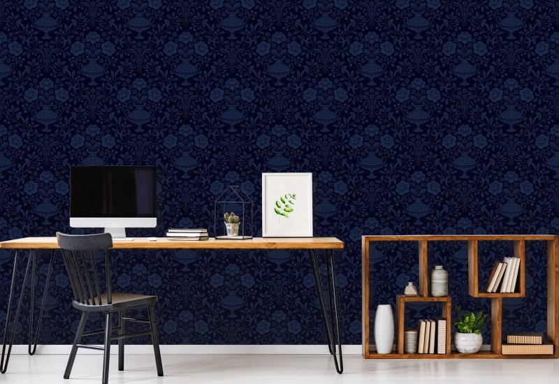 Ribbon Damask Midnight Blue Ribbon Wallpaper