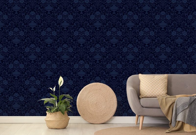 Ribbon Damask Midnight Blue Ribbon Wallpaper