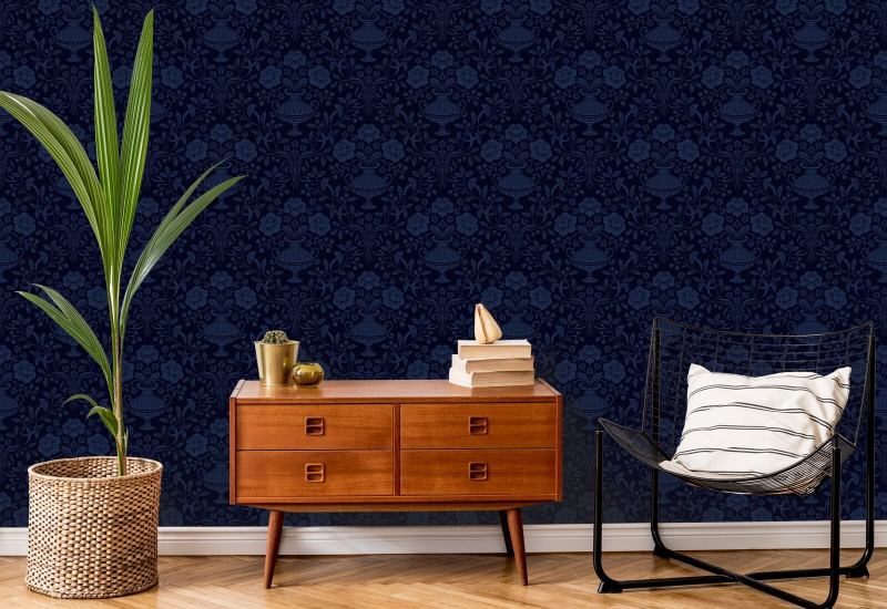 Ribbon Damask Mitternachtsblau Farbband-Tapete