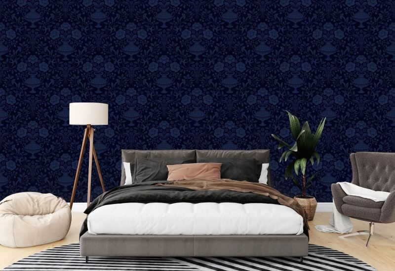 Ribbon Damask Midnight Blue Ribbon Wallpaper