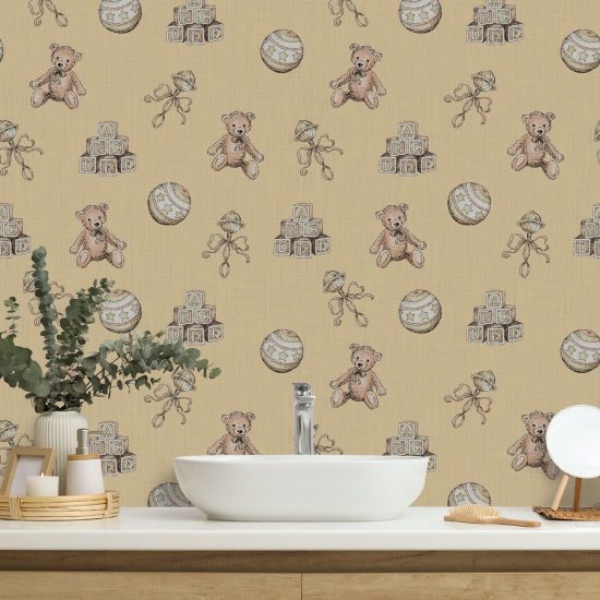 Vintage Toys Beige Nursery Wallpaper