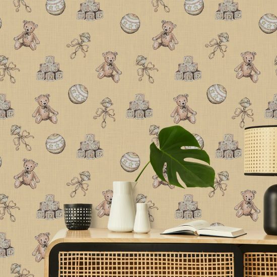 Vintage Toys Beige Nursery Wallpaper