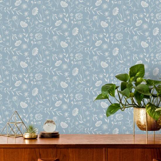 Allover Chrysanthemum Blue Blommig tapet