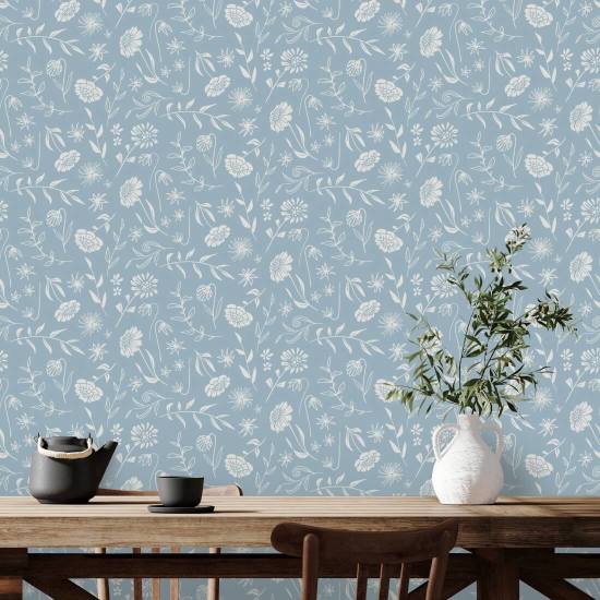 Allover Chrysanthemum Blue Blumentapete