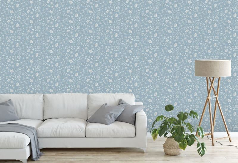 Allover Chrysanthemum Blue Floral Wallpaper