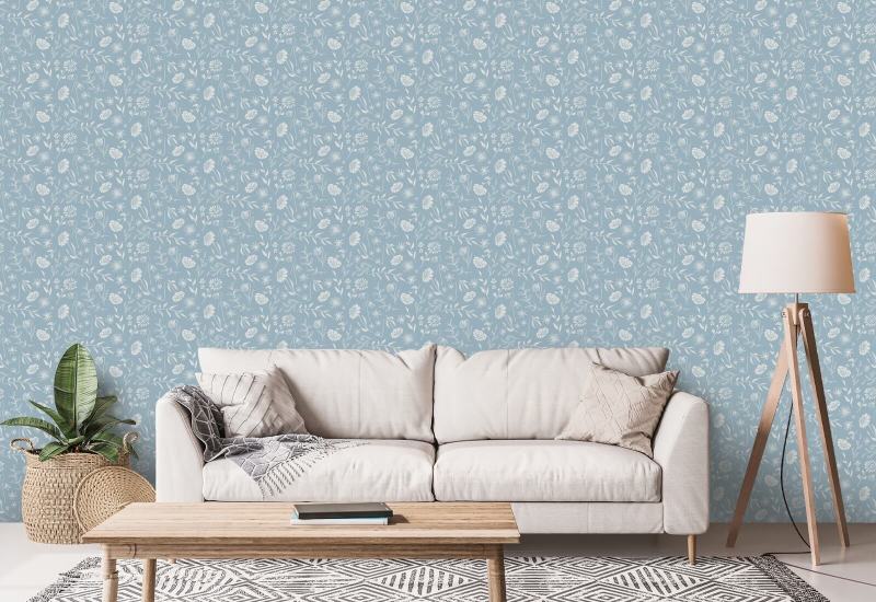 Allover Chrysanthemum Blue Floral Wallpaper