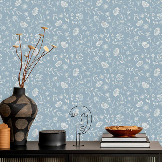 Allover Chrysanthemum Blue Floral Wallpaper