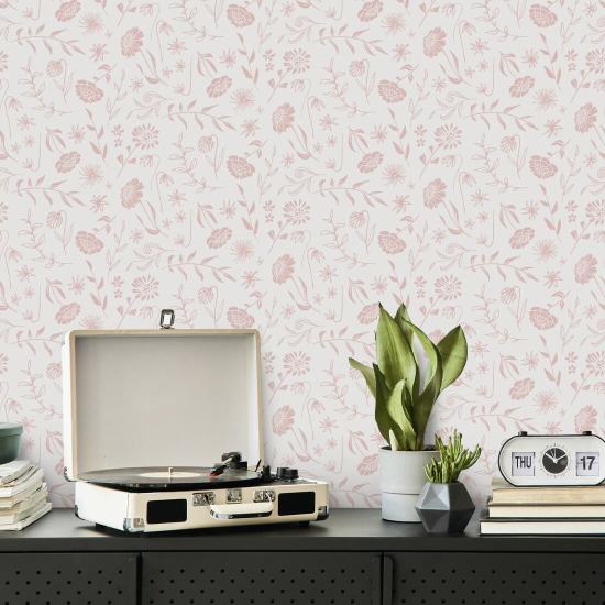 Allover Chrysanthemum Blush Papel de parede floral rosa