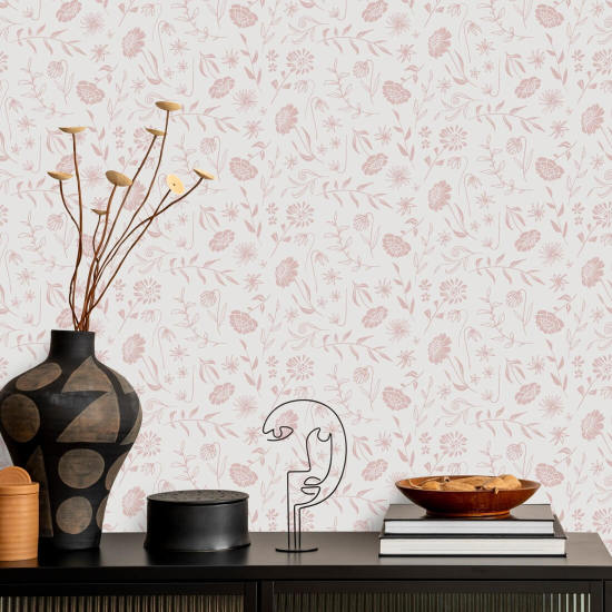 Allover Chrysanthemum Blush Papel de parede floral rosa