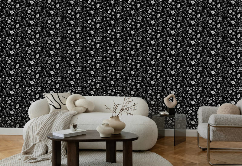 Overal in Chrysanthemum Midnight Bloemenbehang