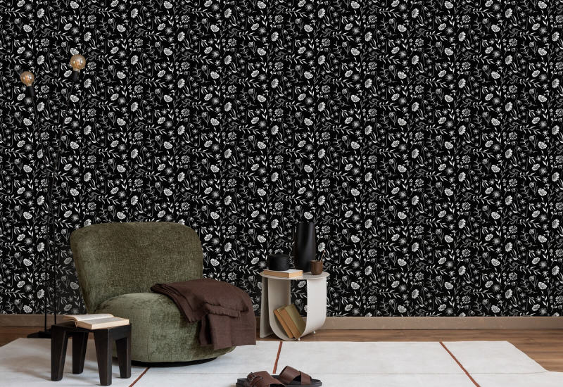 Allover Chrysanthemum Midnight Floral Wallpaper