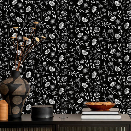 Allover Chrysanthemum Midnight Papier peint floral