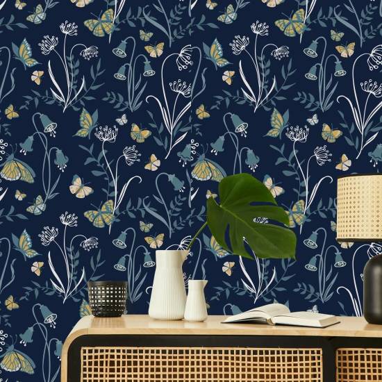 Butterfly Garden Dusk Floral Wallpaper