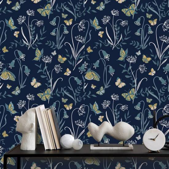 Butterfly Garden Dusk Floral Wallpaper