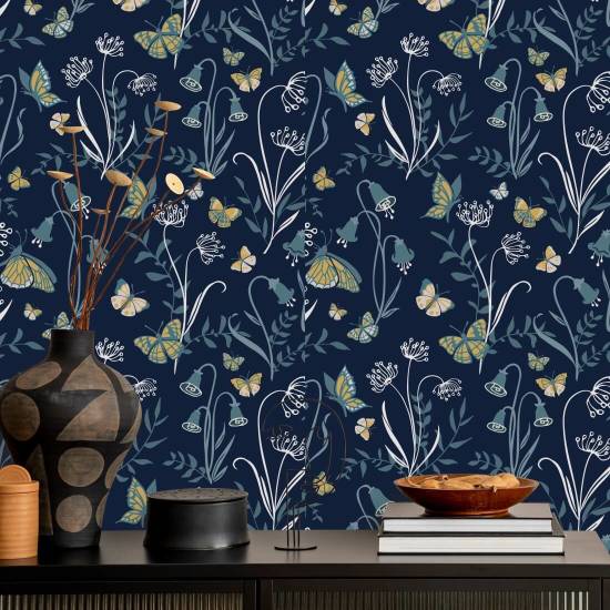 Butterfly Garden Dusk Floral Wallpaper