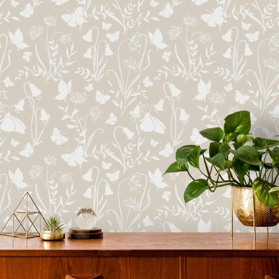 Fjärilsträdgård neutral Blommig tapet