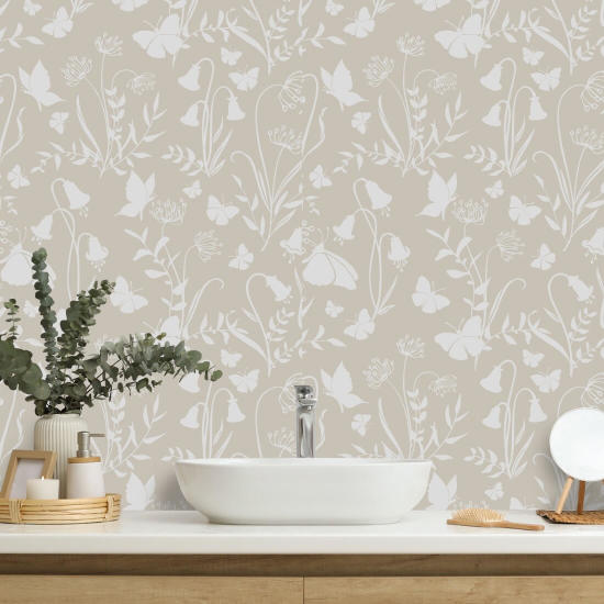 Butterfly Garden Neutral Floral Wallpaper