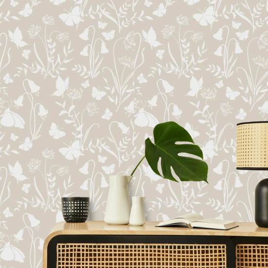 Fjärilsträdgård neutral Blommig tapet