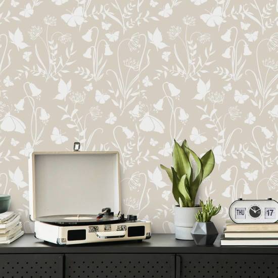 Butterfly Garden Neutral Floral Wallpaper