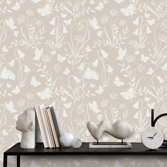 Butterfly Garden Neutral Floral Wallpaper