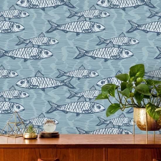 Fischschule Blau Fisch-Tapete