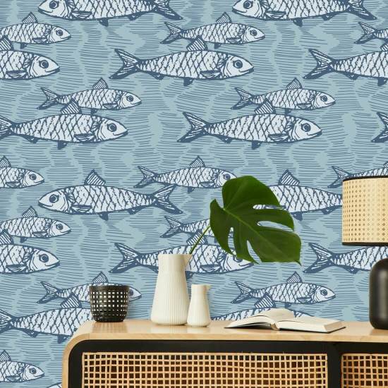 Fischschule Blau Fisch-Tapete