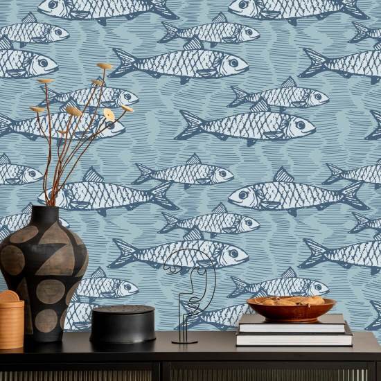 Scuola di pesci blu Carta da parati con pesci