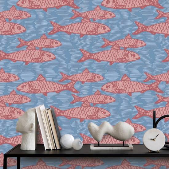 School of Fish roze Behang met dieren