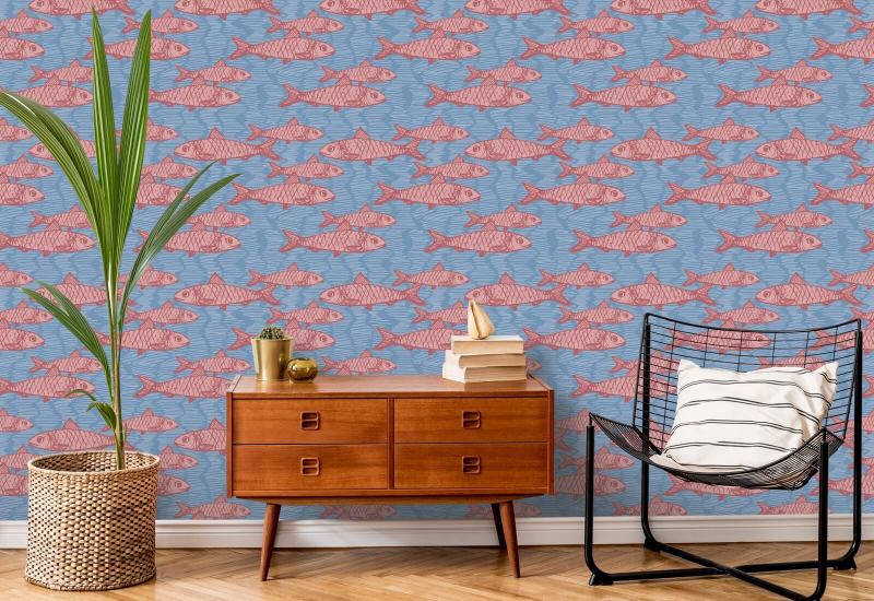 School of Fish roze Behang met dieren