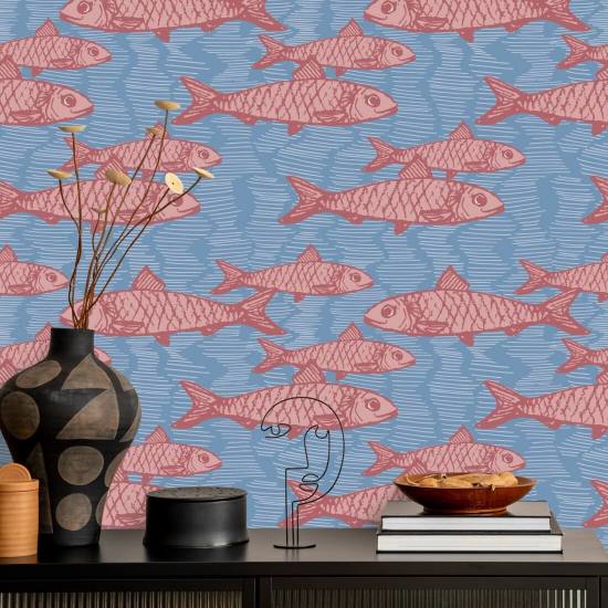 School of Fish roze Behang met dieren