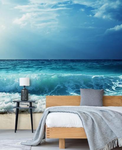Blaues tropisches Strandtapeten-Wandbild namens Waves at Seychelles Beach für Büros, Schlafzimmer und Badezimmer Blaues tropisches Strandtapeten-Wandbild namens Waves at Seychelles Beach für Büros, Schlafzimmer und Badezimmer