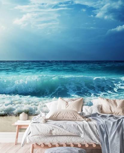 blue tropical beach wallpaper mural called Waves at Seychelles Beach for offices, bedrooms and bathrooms