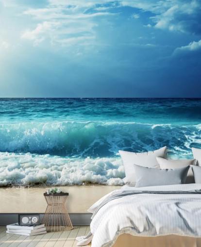 mural de papel pintado de playa tropical azul llamado Waves at Seychelles Beach para oficinas, dormitorios y baños