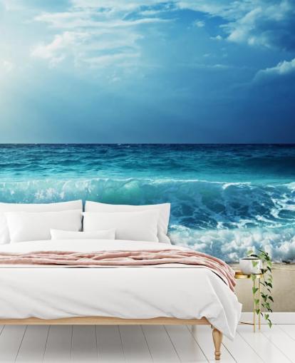 mural de papel de parede de praia tropical azul chamado Waves at Seychelles Beach para escritórios, quartos e banheiros mural de papel de parede de praia tropical azul chamado Waves at Seychelles Beach para escritórios, quartos e banheiros