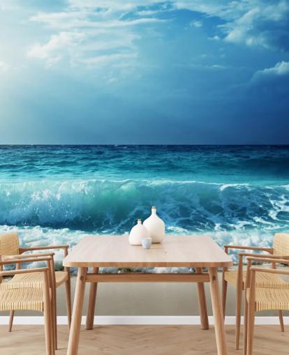 blue tropical beach wallpaper mural called Waves at Seychelles Beach for offices, bedrooms and bathrooms blue tropical beach wallpaper mural called Waves at Seychelles Beach for offices, bedrooms and bathrooms