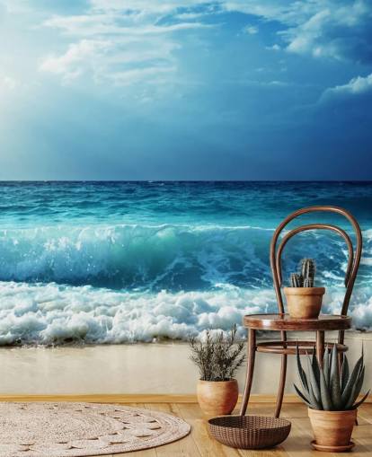 mural de papel de parede de praia tropical azul chamado Waves at Seychelles Beach para escritórios, quartos e banheiros mural de papel de parede de praia tropical azul chamado Waves at Seychelles Beach para escritórios, quartos e banheiros