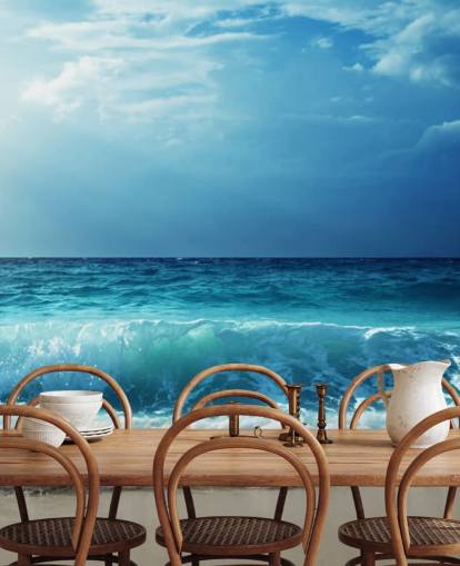 blue tropical beach wallpaper mural called Waves at Seychelles Beach for offices, bedrooms and bathrooms