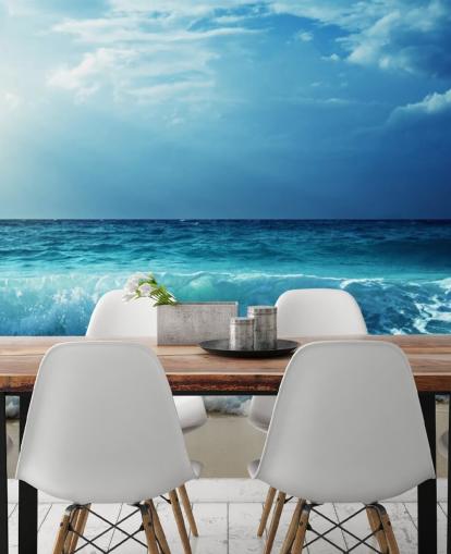 blue tropical beach wallpaper mural called Waves at Seychelles Beach for offices, bedrooms and bathrooms