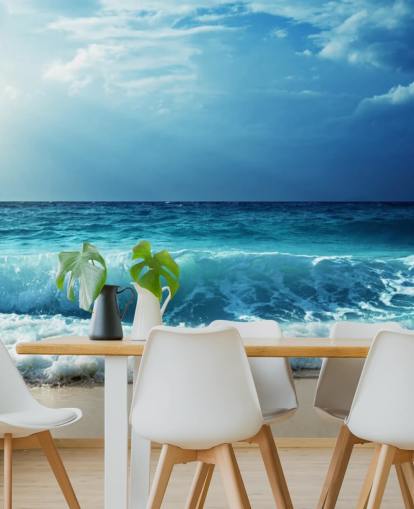Blaues tropisches Strandtapeten-Wandbild namens Waves at Seychelles Beach für Büros, Schlafzimmer und Badezimmer