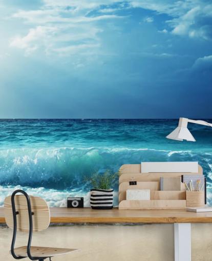 carta da parati murale blu tropicale chiamata Waves at Seychelles Beach per uffici, camere da letto e bagni carta da parati murale blu tropicale chiamata Waves at Seychelles Beach per uffici, camere da letto e bagni