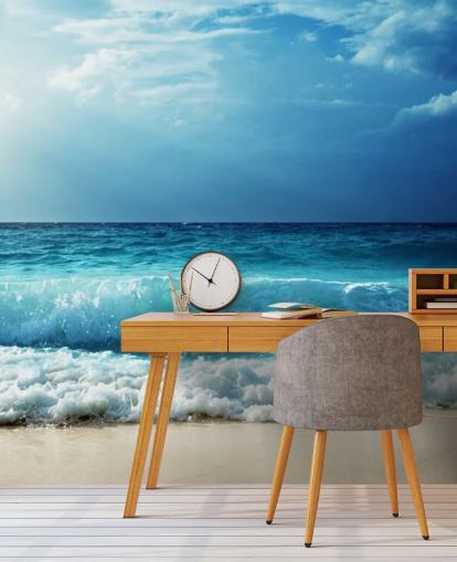 blauwe tropische strandmuurschildering genaamd Waves at Seychelles Beach voor kantoren, slaapkamers en badkamers