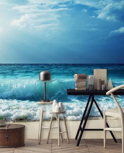 blue tropical beach wallpaper mural called Waves at Seychelles Beach for offices, bedrooms and bathrooms