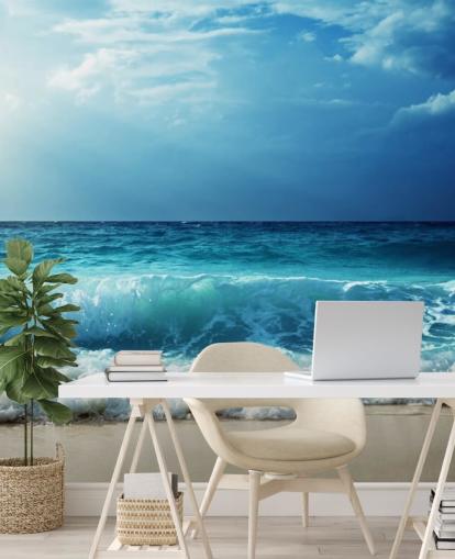 mural de papel de parede de praia tropical azul chamado Waves at Seychelles Beach para escritórios, quartos e banheiros mural de papel de parede de praia tropical azul chamado Waves at Seychelles Beach para escritórios, quartos e banheiros