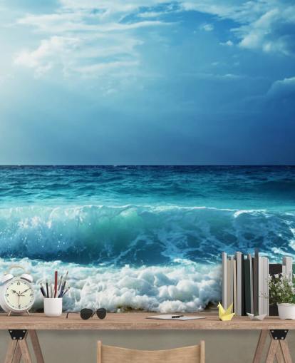 blue tropical beach wallpaper mural called Waves at Seychelles Beach for offices, bedrooms and bathrooms